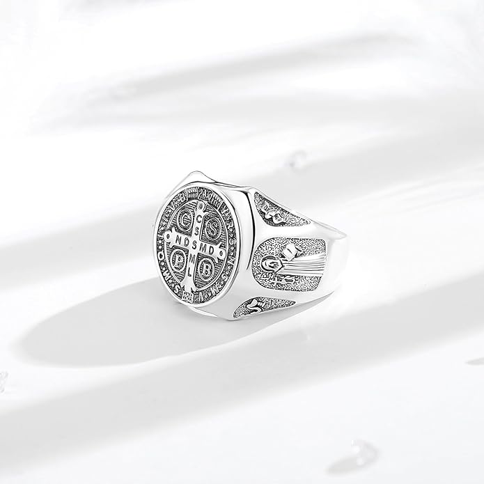 EUDORA S925 Sterling Silver St Benedict Ring San Benito Rings for Women Men, Vintage Ankh Cross Ring Saint Benedict Amulet Adjustable Rings Gifts for Women Mens Father Mother