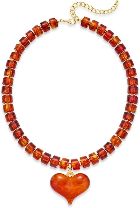 YUJIE Chunky Heart Penadnt Necklace for Women- Exaggerated Statement Puff Heart Necklace with Acrylic Beaded Chain