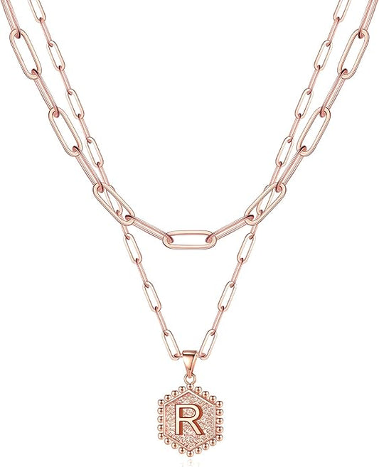 M MOOHAM Dainty Initial Necklaces for Women - Layering Necklace for Women Cute Hexagon Letter Initial Necklace Layered Necklaces for Womens Gifts