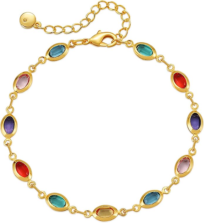 18K Gold Plated Anklet for Women Multicolor Crystal Ankle Bracelets Boho Adjustable Chain Anklets