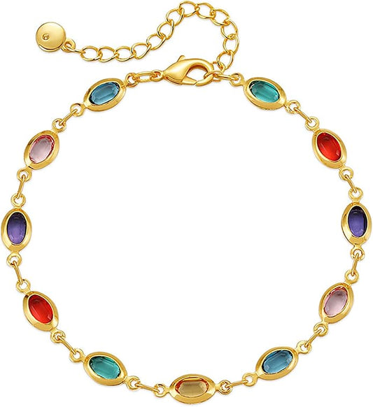 18K Gold Plated Anklet for Women Multicolor Crystal Ankle Bracelets Boho Adjustable Chain Anklets