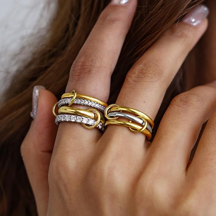 4 Pack Interlocked Stackable Rings for Women - 14K Gold Plated Statement 4 Mixed Metals Multi Ring Stack - Cubic Zirconia Two-Toned Connected Bands Stacking Jewelry