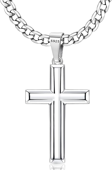 MILACOLATO 925 Sterling Silver Cross Necklace Men - Beveled Edge Cross Pendant with 5mm 316L Stainless Steel Cuban Link Curb Chain Crucifix Necklaces Silver Jewelry for Men Women, 18-30'' Christian Baptism Gift