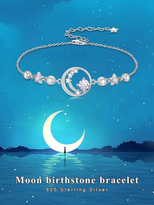 Moon and Star Birthstone Charm Link Bracelet 925 Sterling Silver Moon and Star Bracelet with 12 Months Birthstone Birthday Jewelry Gifts for Women Mom Her,Chain Length 7"+2" Extend