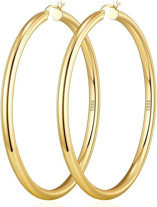 4mm Thick Gold Chunky Earrings Steling Silver Post Hoops Earrings For Women Hollow Tube Hoops Earrings Thick Gold Hoop Earrings Hypoallergenic Lightweight Gold Hoop Large Earrings 20/30/40/50/60MM