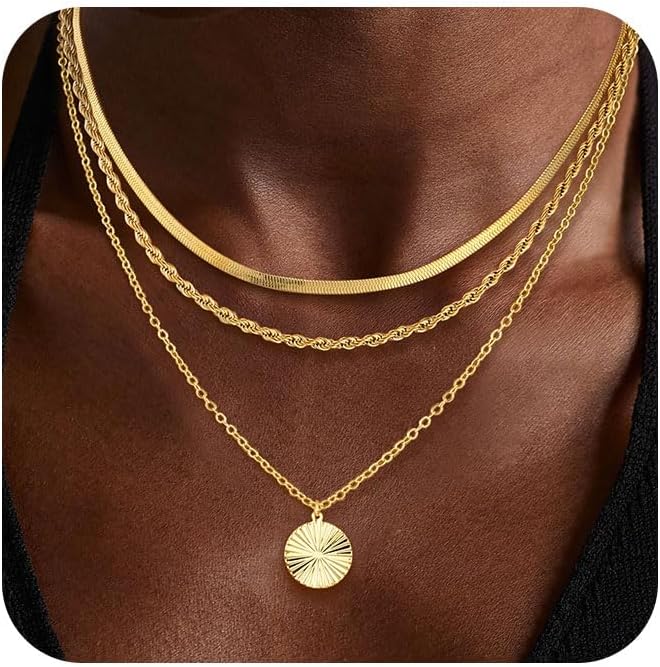 Gold/Silver Layered Necklaces for Women,Dainty 14k Gold Plated Stackable Choker Necklaces for Women,Trendy Layering Coin Chain Pendant Jewelry Set Gifts