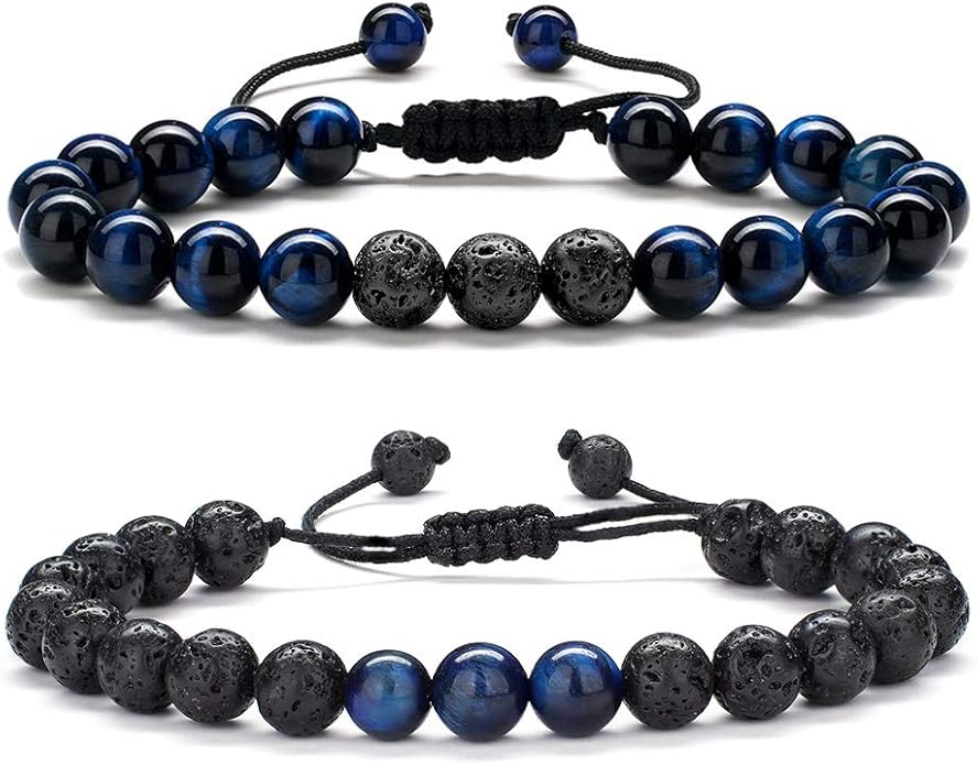 M MOOHAM Natural Stone Bracelets for Men - 8mm Tiger Eye, Matte Agate, Lava Rock - Teen Boys Gifts for Birthday, Anniversary, Christmas