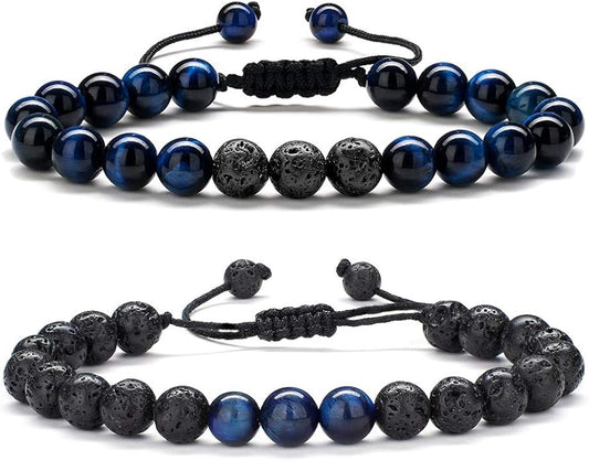 M MOOHAM Natural Stone Bracelets for Men - 8mm Tiger Eye, Matte Agate, Lava Rock - Teen Boys Gifts for Birthday, Anniversary, Christmas