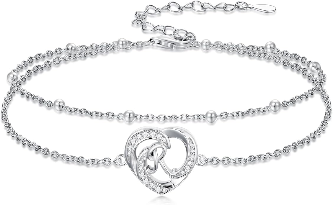 Dorunmo Initial Anklet 925 Sterling Silver Letter A-Z Layered Heart Anklet Beach Jewelry Birthday Gifts for Women