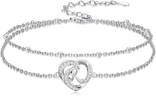 Dorunmo Initial Anklet 925 Sterling Silver Letter A-Z Layered Heart Anklet Beach Jewelry Birthday Gifts for Women