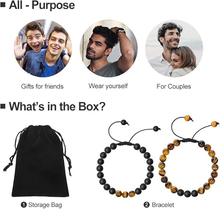 M MOOHAM Natural Stone Bracelets for Men - 8mm Tiger Eye, Matte Agate, Lava Rock - Teen Boys Gifts for Birthday, Anniversary, Christmas
