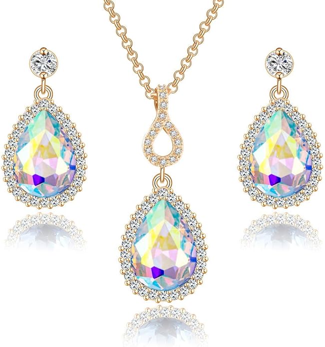 Austrian Crystals Teardrop Pendant Necklace Earrings for Women 14K Gold Plated Hypoallergenic Jewelry Set
