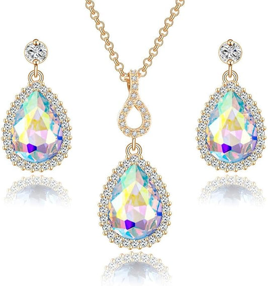 Austrian Crystals Teardrop Pendant Necklace Earrings for Women 14K Gold Plated Hypoallergenic Jewelry Set