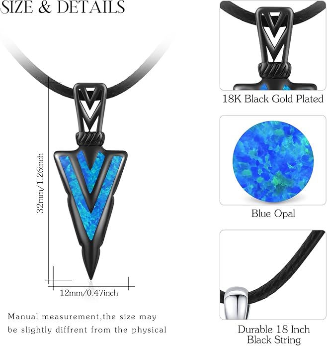 PCTJYFU Arrowhead Necklace 925 Sterling Silver for Women Men Pendant with Blue Opal/Abalone Shell/Turquoise Black Gold Plating Protective Symbol Jewelry Adjustable Chain Gift for Him Her
