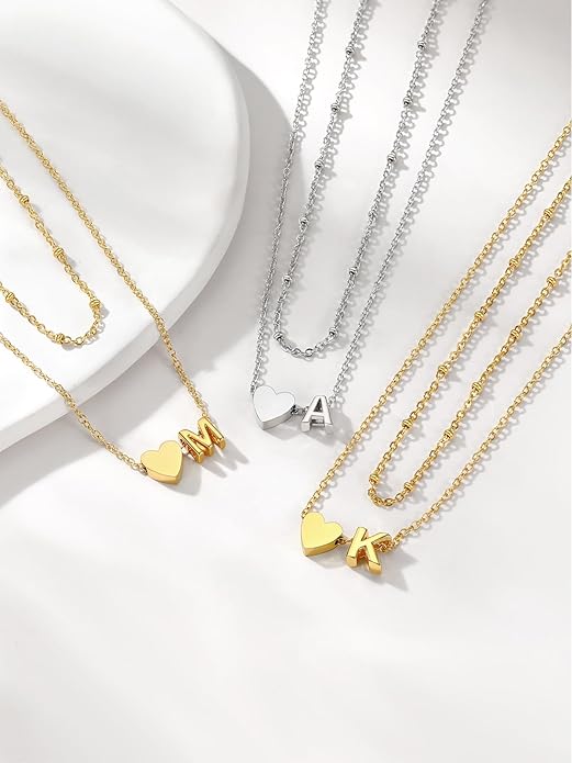 FOCALOOK Layered Initial Necklace for Women, 14K Gold Plated Choker Necklaces Stacks with Initial A-Z, Dainty Silver Heart Pendant Necklace Personalized Birthday Women Jewelry