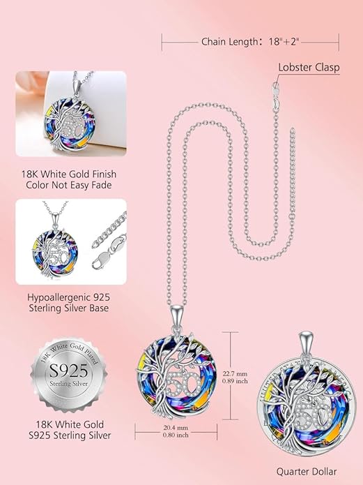TOUPOP Birthday Gifts for Women 925 Sterling Silver Tree of Life Year Old Necklace Circle Crystal Jewelry Christmas Gifts for Her Wife Mom Mother Grandma Grandmother
