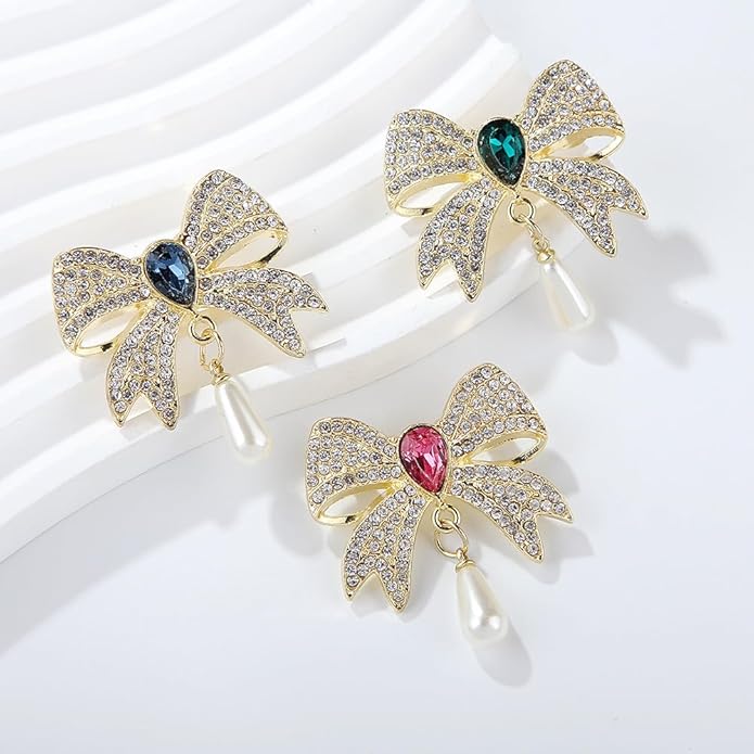 3PCS Vintage Pearl Rhinestone Bow Brooch Gold Brooches and Pins for Women Red Blue Green Gemstone Pearl Brooch Pins for Dresses Womens Clothes Corsage Clothing Accessories Jewelry Pins and Brooches