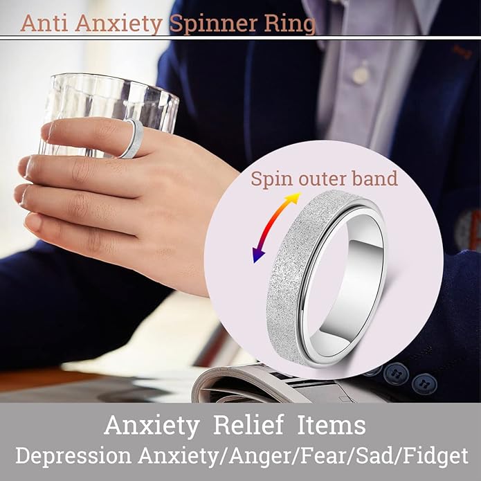 AmorArtSky Anxiety Ring for Women Men, Titanium Stainless Steel Spinner Ring, 5 Colors, 6MM, Size 6-10, 3 Styles Anxiety Ring-Moon Star, Sandblasted Finished, Hollow Outer