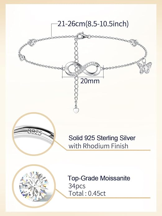Moissanite Infinity Anklet for Women, Real Authentic 925 Sterling Silver Hypoallergenic, Beautiful Summer Jewelry, Dainty Ankle Bracelet, 8.6-10.6inch (21-26cm) Adjustable