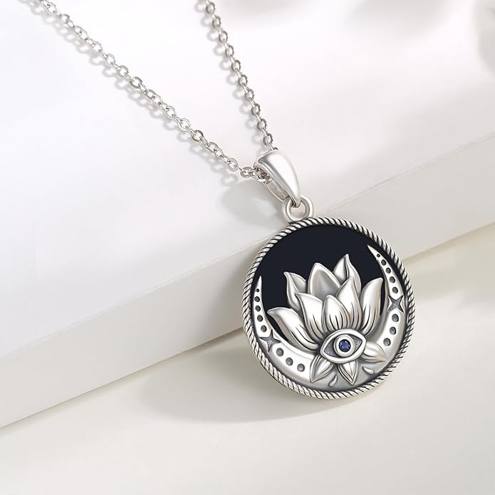 Evil Eye Necklace for Women 925 Sterling Silver, Protection Necklace with Blue Evil Eye Charm, Evil Eye/Lotus Pendant Jewelry, Birthday Christmas Gifts for Her