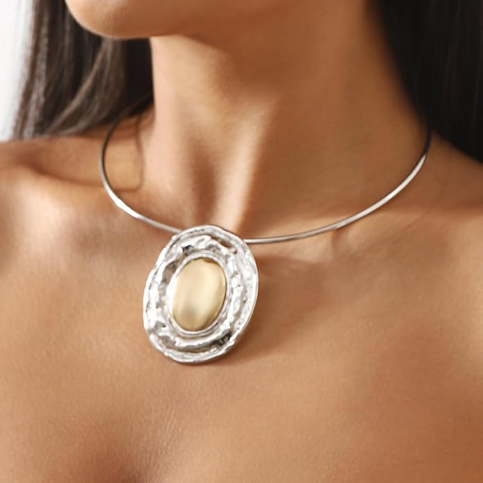 Fashion Chunky Statement Necklaces - African Choker Necklace with Gold Oval Pendant,Tribal Collar Necklace Hammered Metal Jewelry for Women