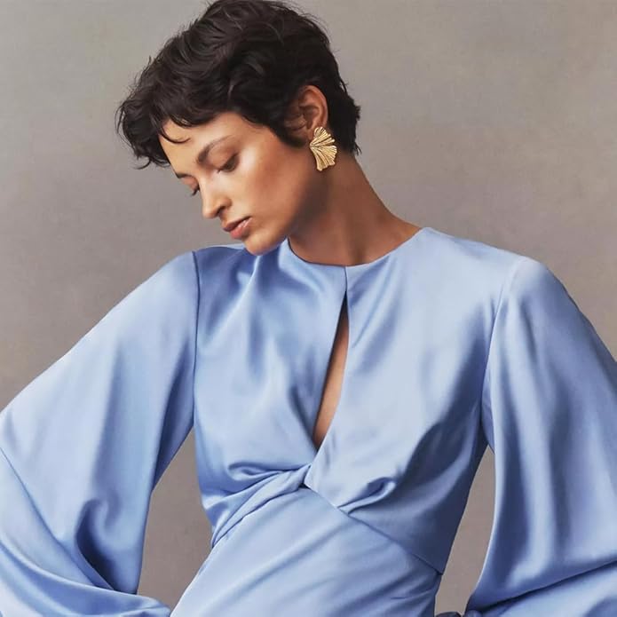 Chunky Gold Statement Earrings For Women Gold Plated Sectored Flower Leaf Shell Angel Wing Earrings Large Stud Earrings Hypoallergenic Earrings