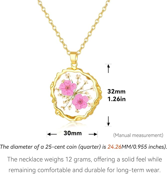 Birth Flower Necklaces for Women,1-12 Month Real Pressed Flower Necklace,Boho-Style Personalized Jewelry, Handmade Floral Pendant,Thoughtful Gift for Christmas,Birthday|18"