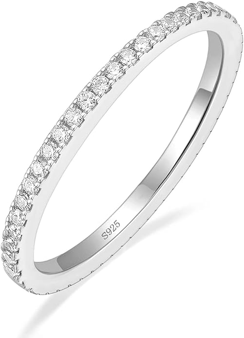 EAMTI 2mm 925 Sterling Silver Wedding Band Cubic Zirconia Full Eternity Stackable Engagement Ring Size 3-13