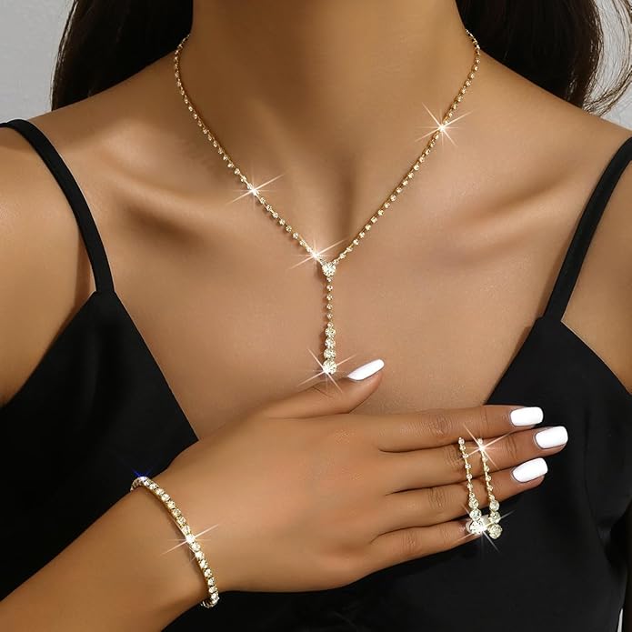 MIFYNN Rhinestone Wedding Set for Women Sparkle Crystal Earrings Necklace Bracelet Jewelry Set Wedding Party Prom Jewelry Set for Brides Bridesmaid