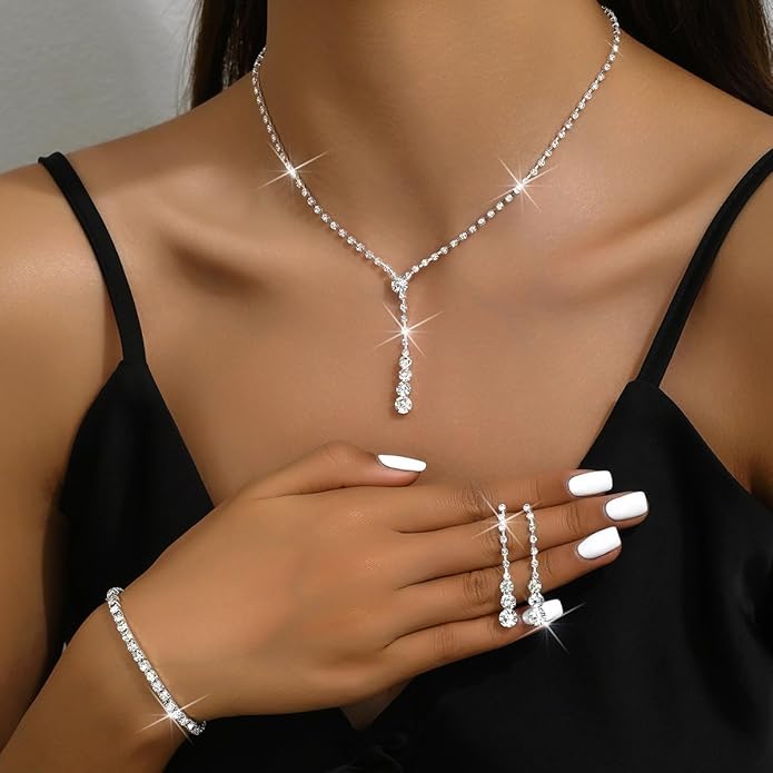 MIFYNN Rhinestone Wedding Set for Women Sparkle Crystal Earrings Necklace Bracelet Jewelry Set Wedding Party Prom Jewelry Set for Brides Bridesmaid