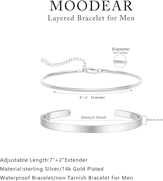 Moodear Stackable Bracelets for Men - Dainty 925 Sterling Silver/14K Gold Plated Cuff Snake Box Cuban Link Chain Bangle Bracelet Set Mens Jewelry