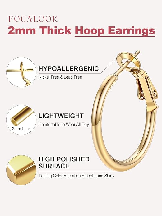 FOCALOOK 14K Gold Plated Lightweight Large Hoops| 2mm Thin Hoop Earrings for Women 30/40/50/70/100mm