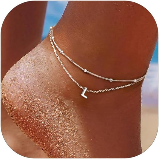 ChicSilver Ankle Bracelets for Women Waterproof, 925 Sterling Silver Initial Anklets for Women, Adjustable Dainty Layered Anklet Beach Jewelry for Women Mom Wife Friend