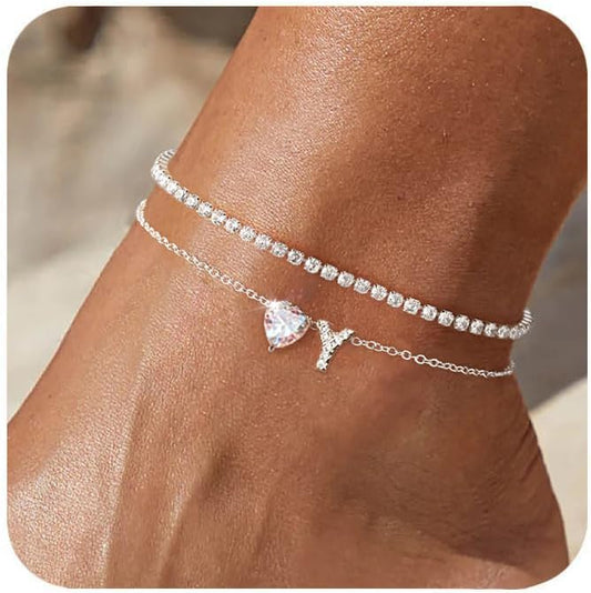Heart Initial Silver Anklets for Women Waterproof Dainty Silver Plated ankle bracelets for women Large Ankle Women's Anklets Tennis ankle bracelets Non Tarnish Summer Beach Foot Jewelry