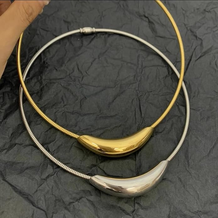 Stailess Steel Metal Curved Bar Tube Choker Necklace For Women,Statement Chunky Snake Chain Horizontal Round Tube Jewelry Necklace