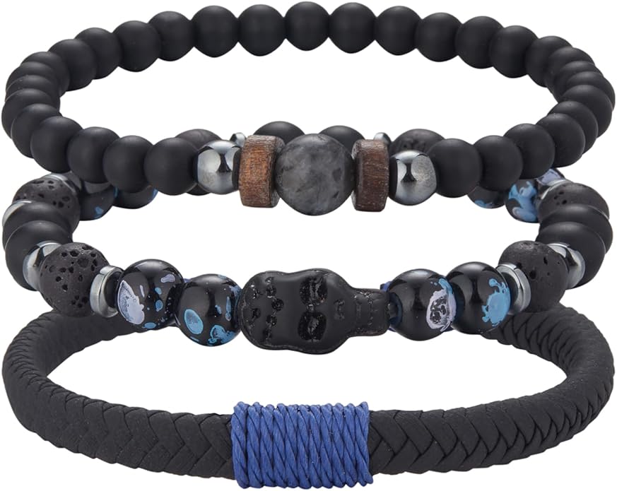 3pc Mens Beaded Bracelets Silver Stainless Steel Chain Bracelet for Men Handmade Braided Bracelet Sets Jewelry Gifts for Men