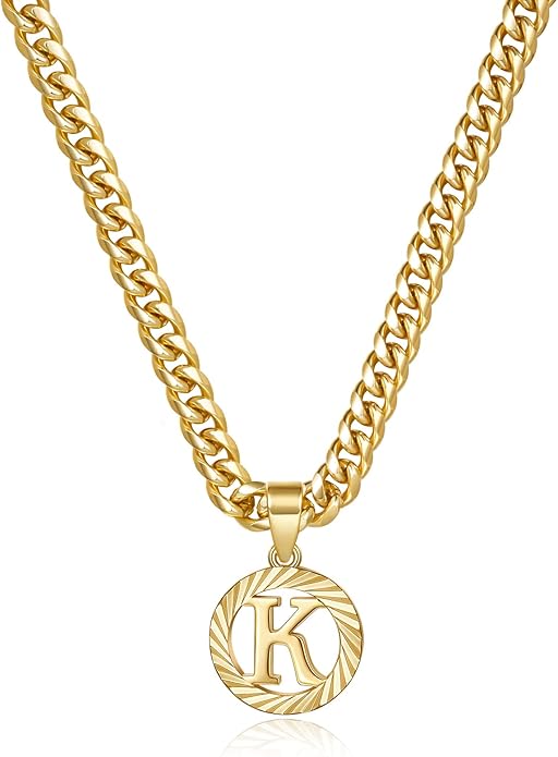 KissYan Gold Initial Necklace,14K Gold Plated Round Letter Pendant Hollow Capital Monogram 5mm Cuban Chain Necklace Alhpabets from A-Z Dainty Jewelry for Women Men