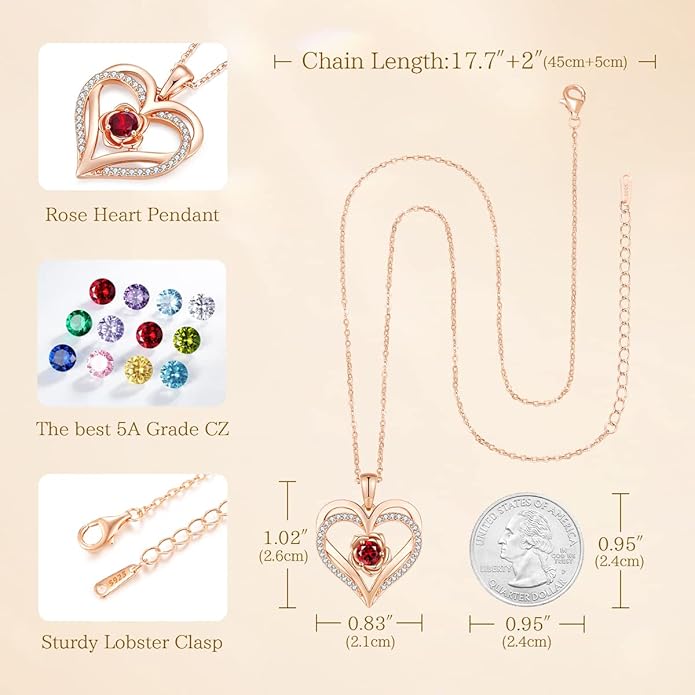 CDE Christmas Gifts for Women S925 Silver Rose Gold Heart Birthstone Necklaces for Women，Ideal Anniversary or Birthday Jewelry Gifts for Wife Girlfriend Her