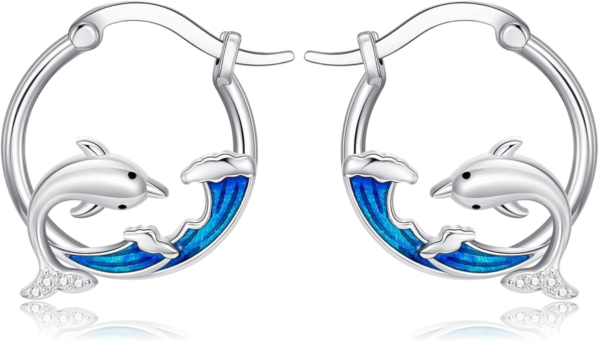 SeaTurtle dolphin Hummingbird Earrings for Women 925 Sterling Silver Sea Waves Earrings Ocean Huggie Hoop Sea Turtle dolphin Earrings Jewelry Gifts