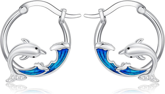SeaTurtle dolphin Hummingbird Earrings for Women 925 Sterling Silver Sea Waves Earrings Ocean Huggie Hoop Sea Turtle dolphin Earrings Jewelry Gifts