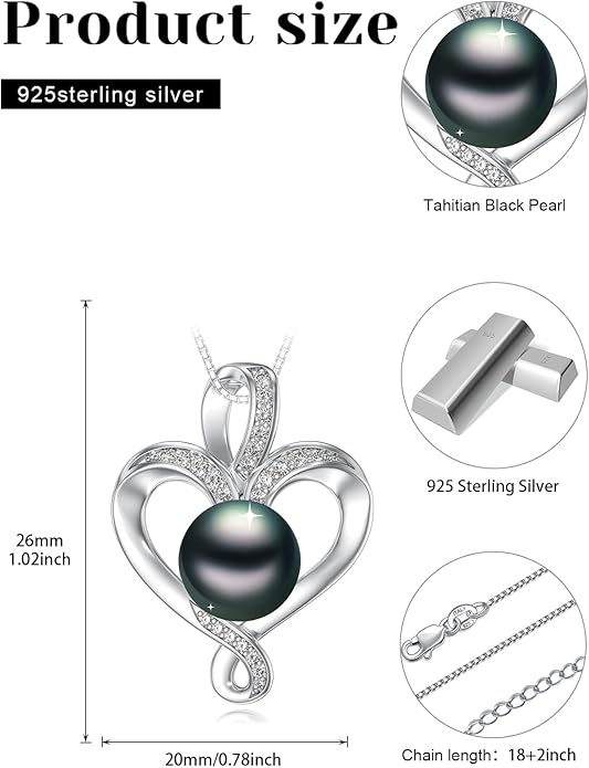 Tahitian Black Pearl Necklace Infinity Gifts for Women Wife Wedding Birthday Anniversary Jewelry Valentines Christmas Day Gifts 925 Sterling Silver