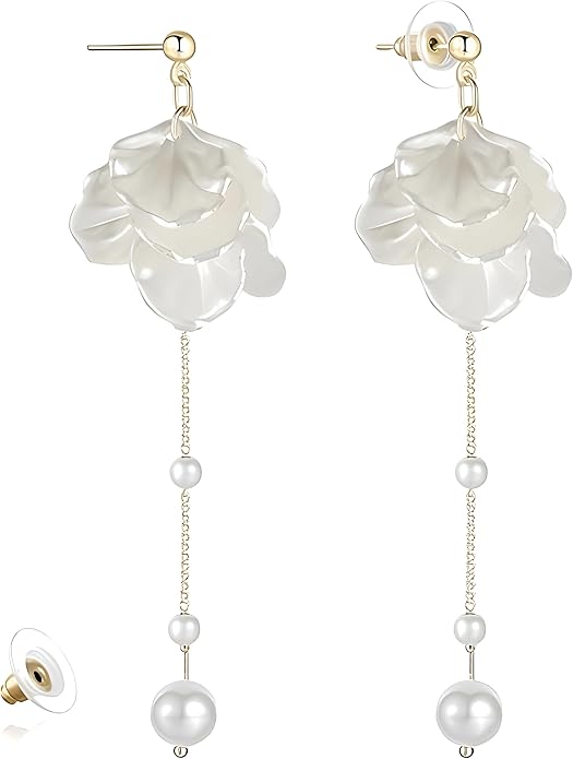 Seashell Pearl Flower Dangle Earrings for Women - Elegant Double Layer White Freshwater Pearl Bridal Jewelry, Lightweight Sparkly Golden Stud Drop Earrings for Wedding/Beach/Summer Party