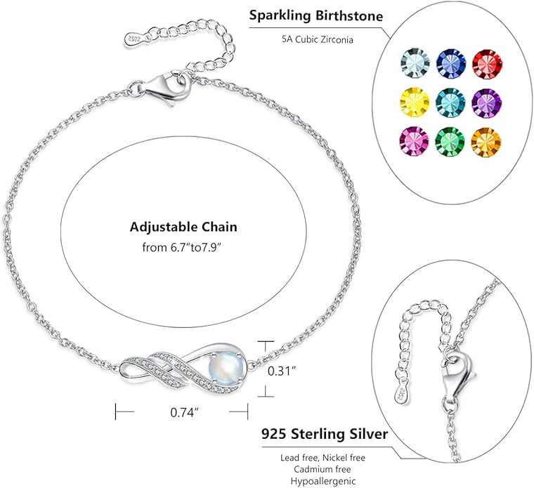 Birthstone Bracelets for Women 925 Sterling Silver Created Gemstone Bracelet Infinity Pendant Jewelry for Her, 6.7"+1.2"