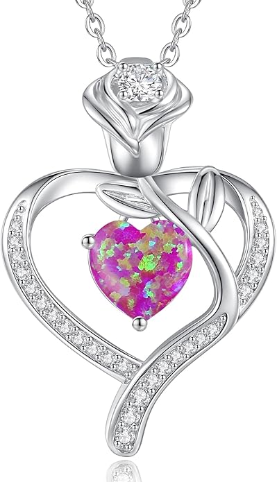 LOUISA SECRET Rose Flower Heart Birthstone Necklaces for Women, 925 Sterling Silver Fine Jewelry, Pendant Heart Necklaces Birthday Anniversary Christmas Gift for Women Wife Mom Girlfriend Lady