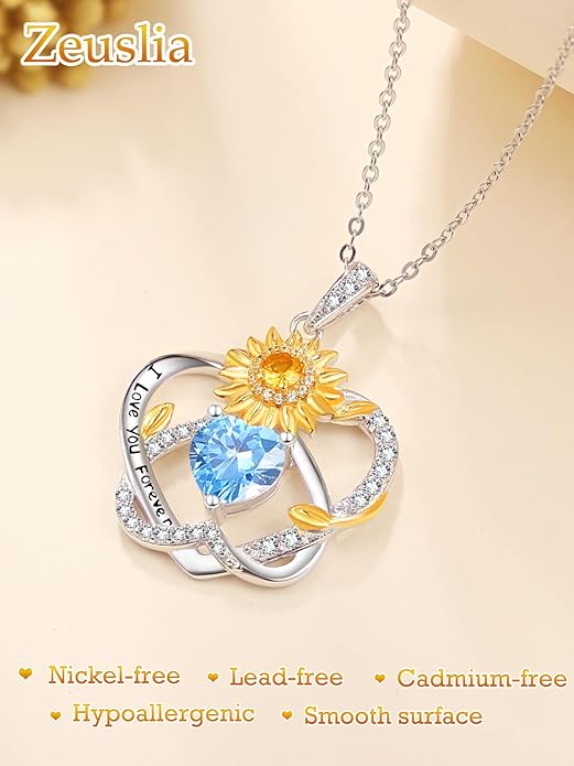 Zeuslia Double Birthstone Necklace Gifts for Wife - 925 Sterling Silver Sunflower/Rose/Crown Cross/Compass/Heart Pendant I Love You Necklace, Anniversary Birthday Gifts for Wife Girlfriend Mom Her