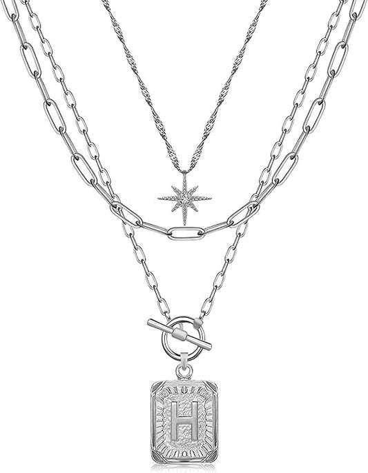 MJartoria Layered Initial Necklaces for Women Trendy, 14K Gold Plated Brass Simple Star Choker Square Letter Pendant Necklace, Paperclip Chain Necklaces Jewelry Gifts
