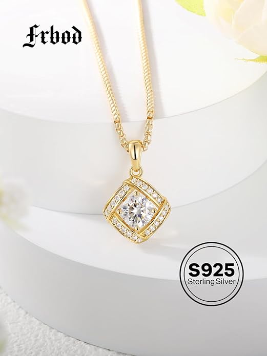D Color 0.53ct/1.24ct/1.72ct/1.2ct Moissanite Necklace for Women Men, 925 Sterling Silver Chunky Circle/Triangle/Square Pendant, Birthday Christmas Valentines Jewelry, 16-20 Inch Box Chain Adjustable