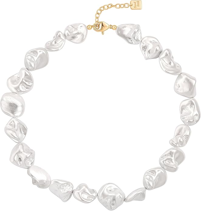 Chunky Statement Stone Beaded Necklace, Big Baroque Pearl Gold Choker, Trendy Boho Colorful Stone Jewelry