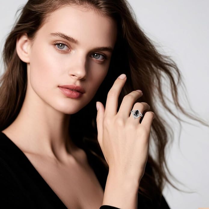 Vintage Moon Ring 925 Sterling Silver Retro Filigree Crescent Teardrop Black Stone Ring Jewelry Gifts for Women US Size 5-13