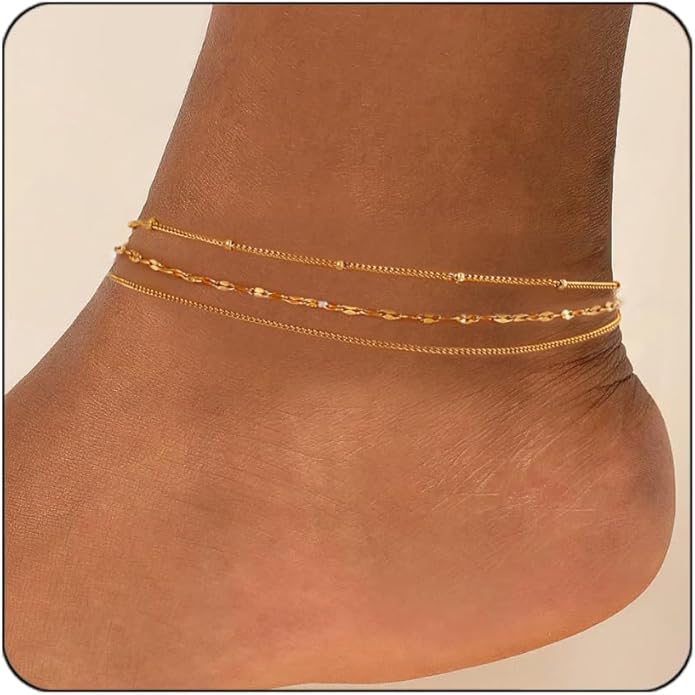 Gold Plated Ankle Bracelets For Women Waterproof,18k Gold Plated Anklets Layered Thin Snake Chain Herringbone Anklets Non Tarnish Stainless Steel Dainty Summer Jewelry Set Gift For Women